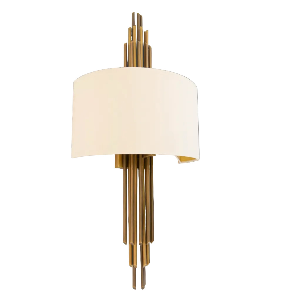 A close-up view of the VORELLI Castello Wall Light, highlighting the refined texture of the soft fabric shade and the contemporary vertical metal tubing structure.