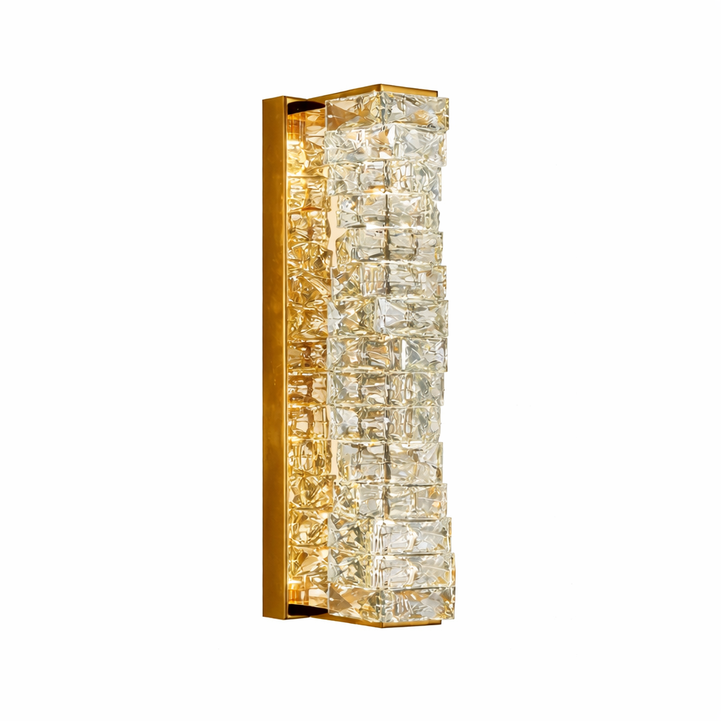 A close-up view of the VORELLI Sitka Wall Light, highlighting the intricate diamond-cut rectangle crystals and their radiant, sparkling illumination.