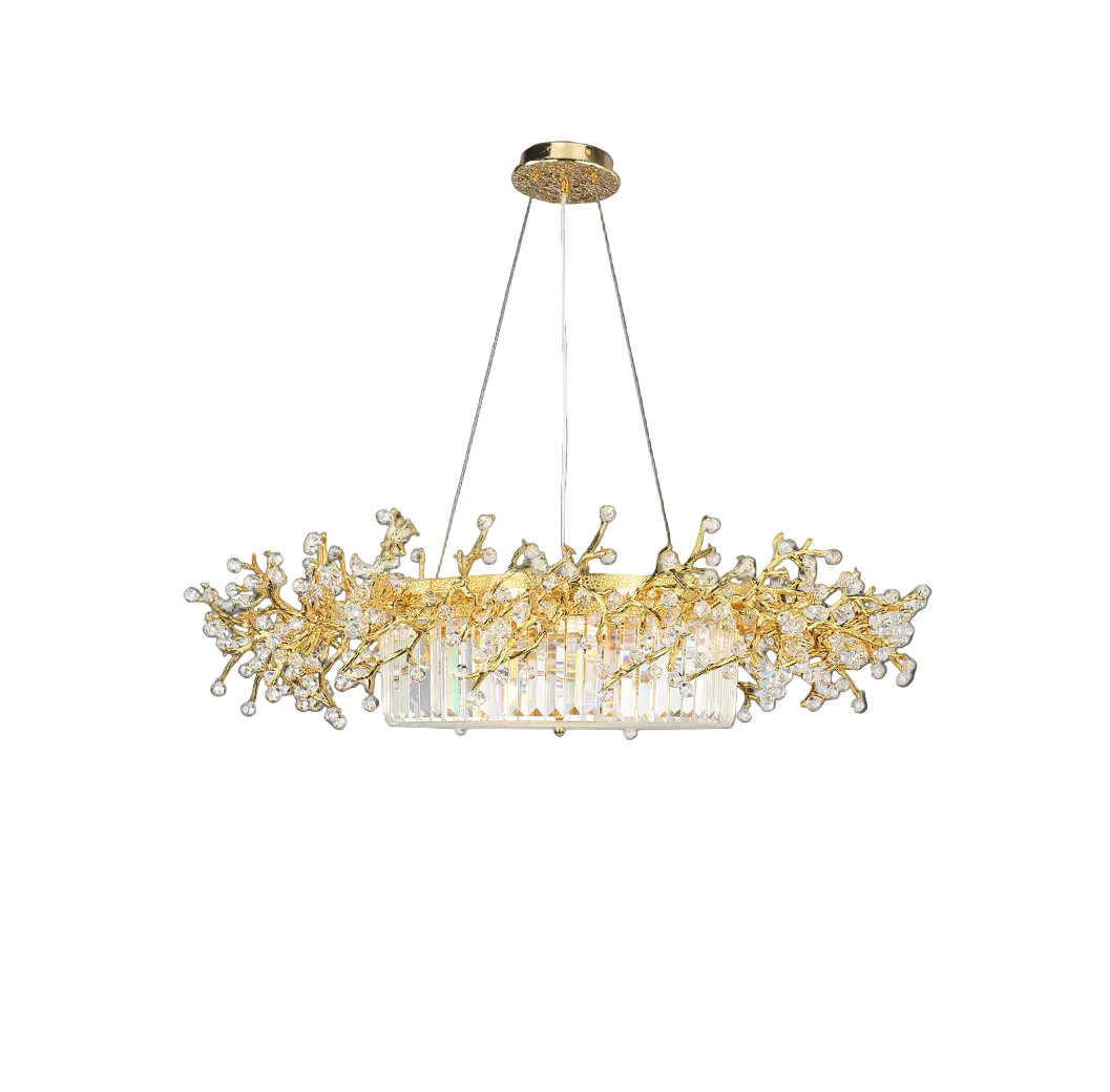 A detailed close-up of the VORELLI Winterberry Circular Chandelier, highlighting the intricate branching crystal accents and elegant craftsmanship.