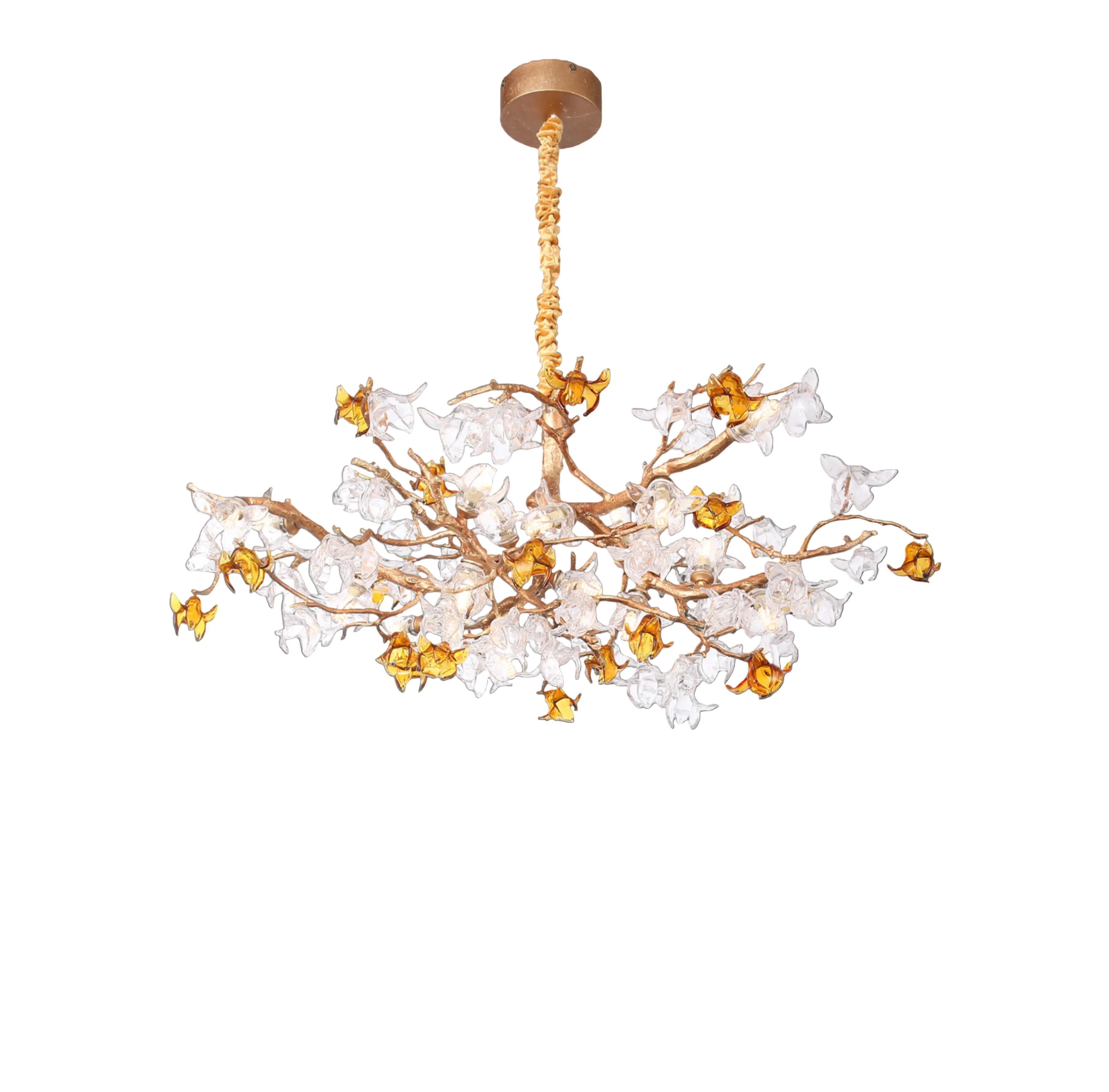 A detailed closeup of the VORELLI Bloom Pendant Light showcasing the delicate amber highlights and intricate flowing glass petals on an elegant branching form.