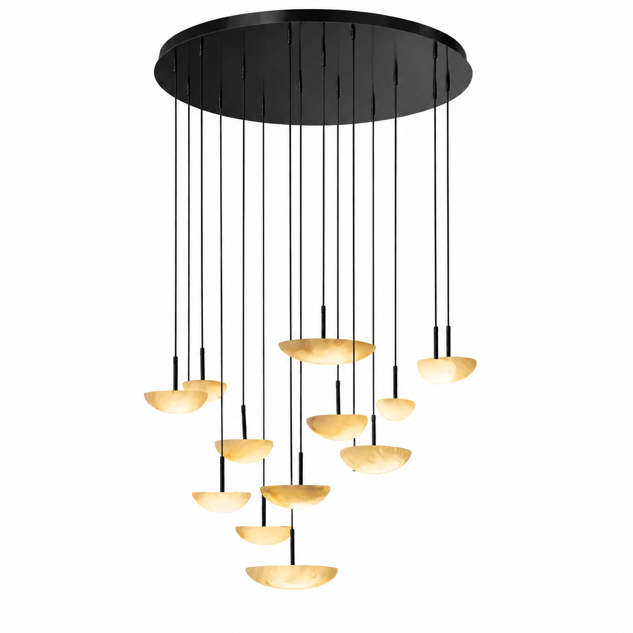 A detailed side profile of the suspended Alba marble pendants, accentuating the fine craftsmanship and organic texture of the premium stone.