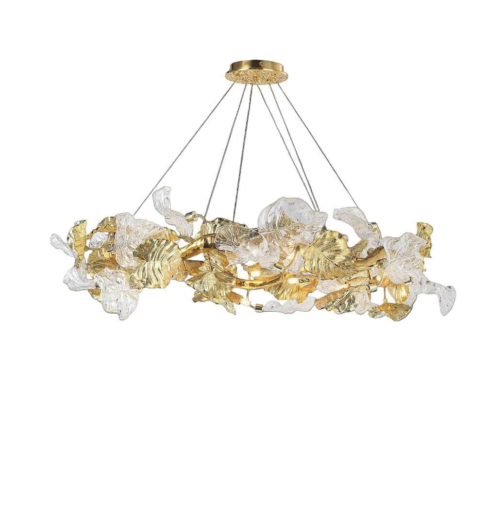A detailed view of the VORELLI Aura Leaf Circular Chandelier highlighting the intricate craftsmanship of the botanical glass elements.