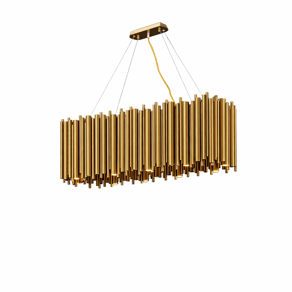 A detailed view of the VORELLI® Vitacura Rectangular Chandelier, showcasing the high-end combination of brushed copper and sleek stainless steel materials.
