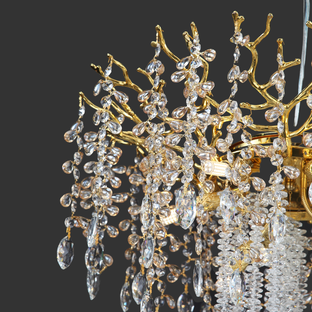 A dramatic angle capturing the statement presence and elegant depth of the Wisteria Circular Chandelier III organic branch architecture.