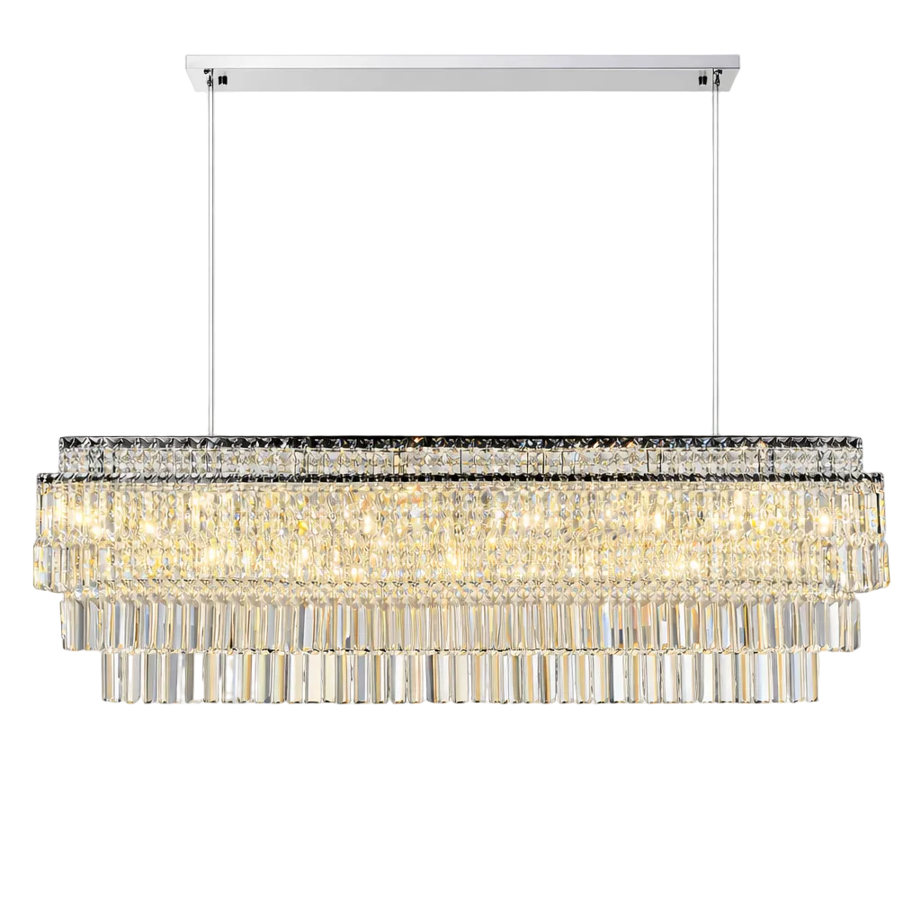 A full-length view of the VORELLI Abruzzi Chandelier, capturing its opulent presence and the architectural beauty of its linear, rectangular design.