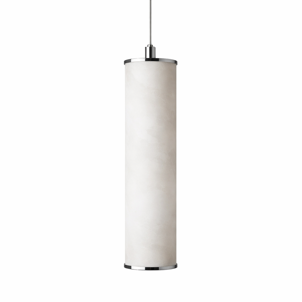 A moody showcase of the Alvara marble pendant light, emphasizing the glowing translucent quality of its refined marble shade.