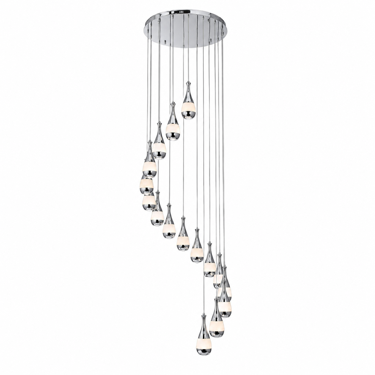 A refined architectural perspective of the VORELLI Armonia marble staircase chandelier, embodying timeless luxury and clean, elegant lines.