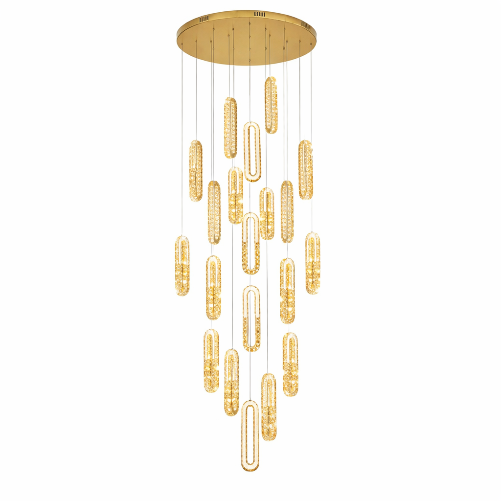 A sophisticated ambiance created by the Manzoni staircase chandelier casting shimmering reflections through diamond-cut crystals.