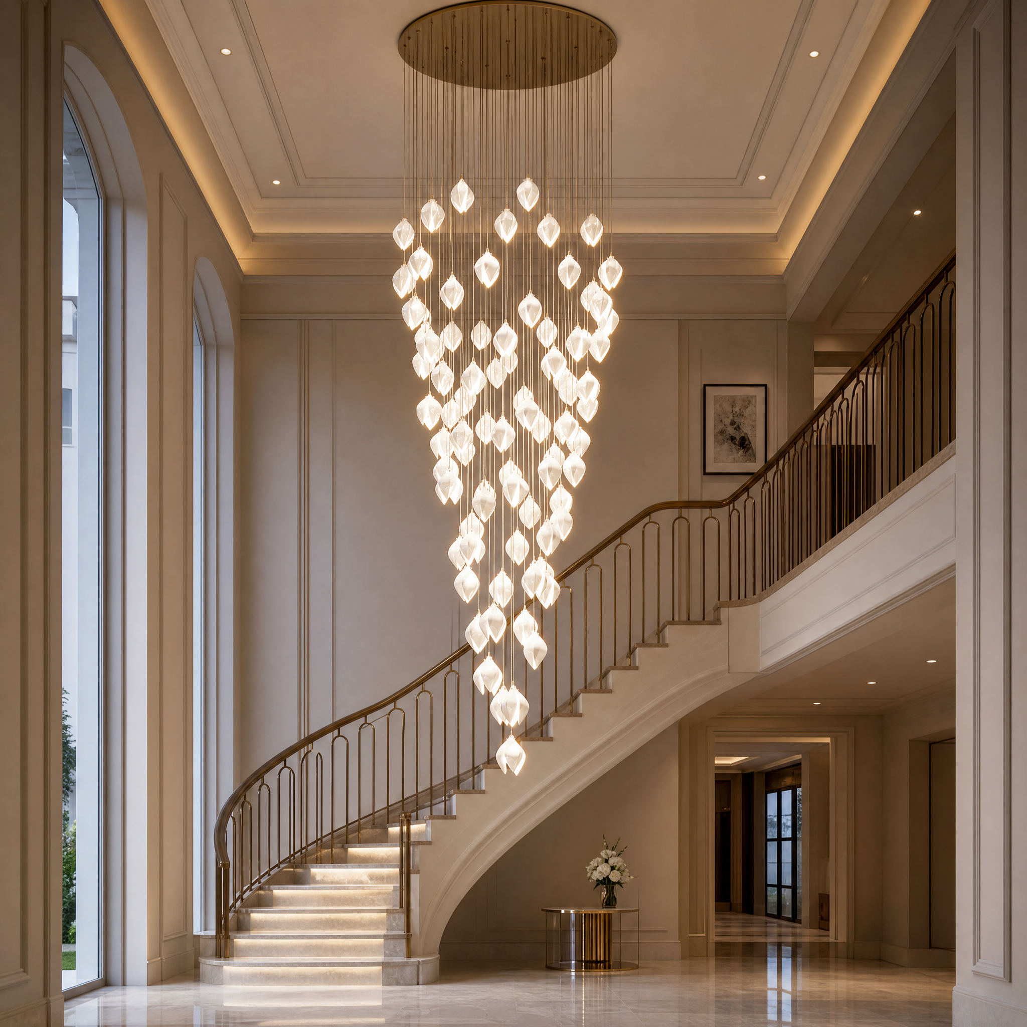 A sophisticated viewpoint of the Silent Bloom luxury light fitting by VORELLI, highlighting the delicate flow of its sculptural petals.