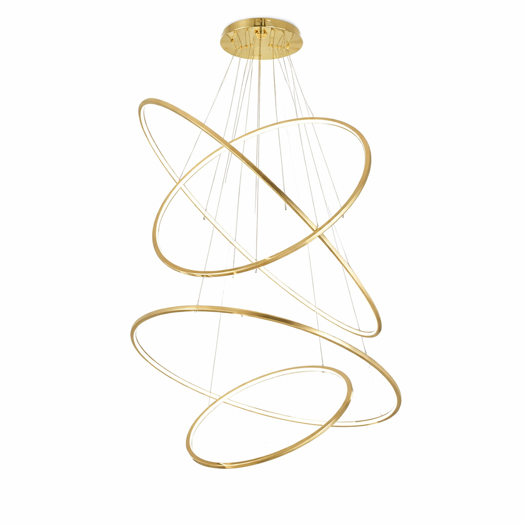 A striking angled view of the Marcello Ring Staircase Chandelier, creating a sense of dramatic modern luxury in a high-ceiling interior.