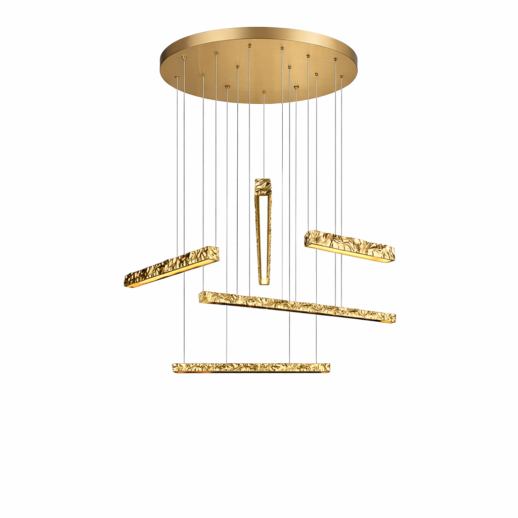A striking centerpiece view of the VORELLI Ecliptica pendant staircase chandelier creating a warm, radiant ambiance in an upscale open space.
