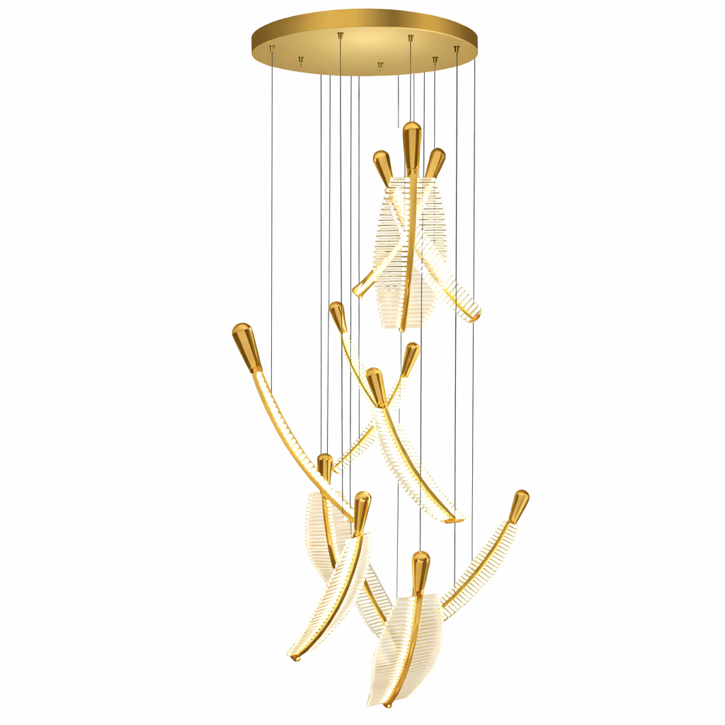 A stunning wide-angle view of the VORELLI Whitford staircase chandelier, showcasing its dramatic architectural scale and sophisticated modern design in a large interior.