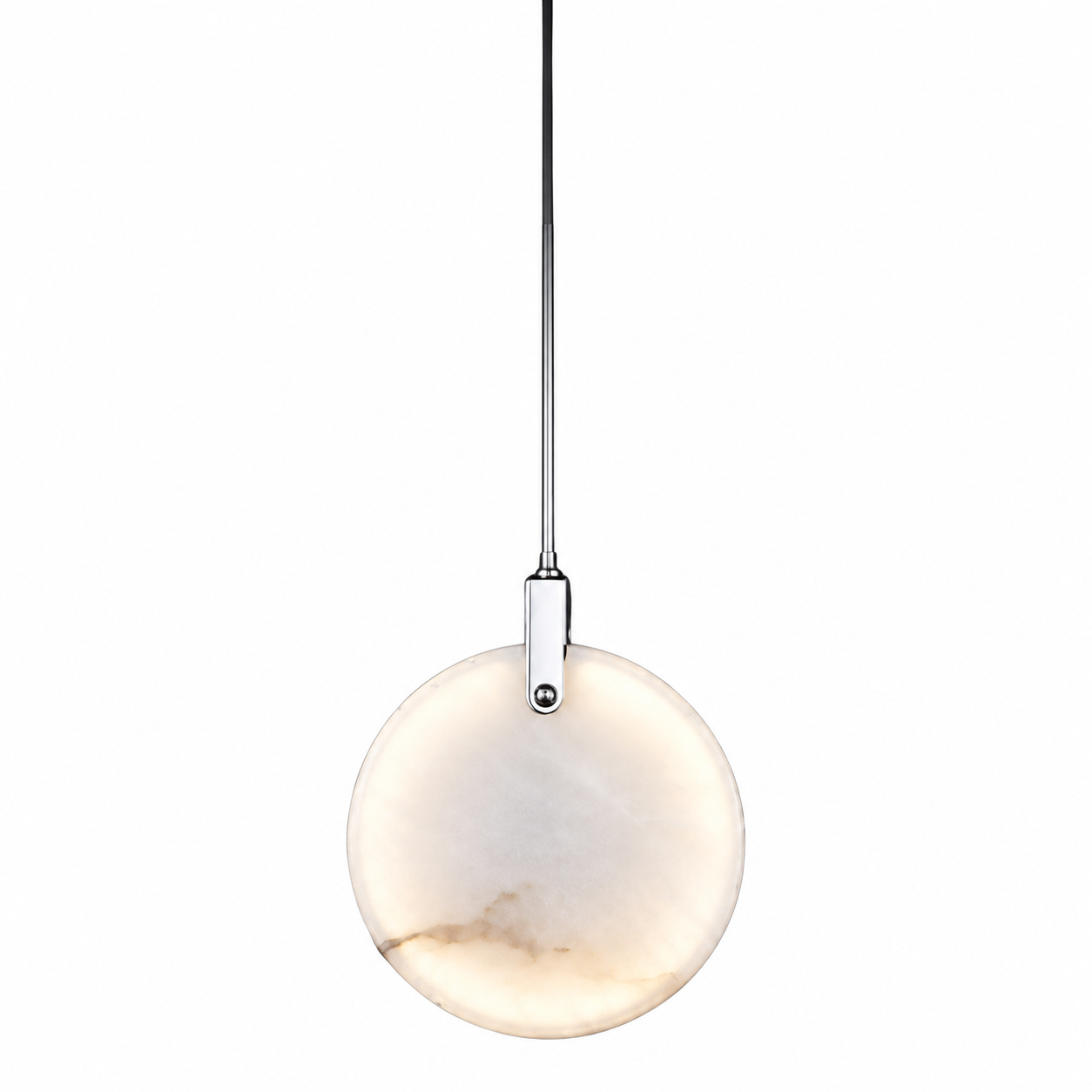 A warm, inviting upscale hospitality lounge illuminated by the distinct patterns of the VORELLI Calacatta Marble Pendant.