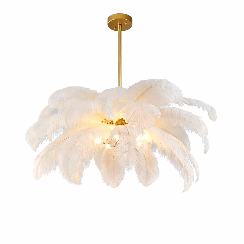 A whimsical VORELLI feather pendant light creating an elegant and dreamy mood in a modern interior design space.