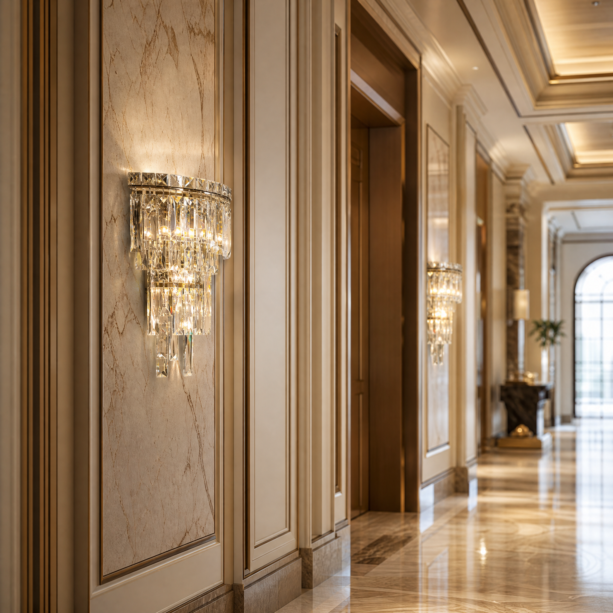 VORELLI Abruzzi upscale crystal wall sconces creating an inviting and high-end ambiance in a contemporary hotel lobby corridor.