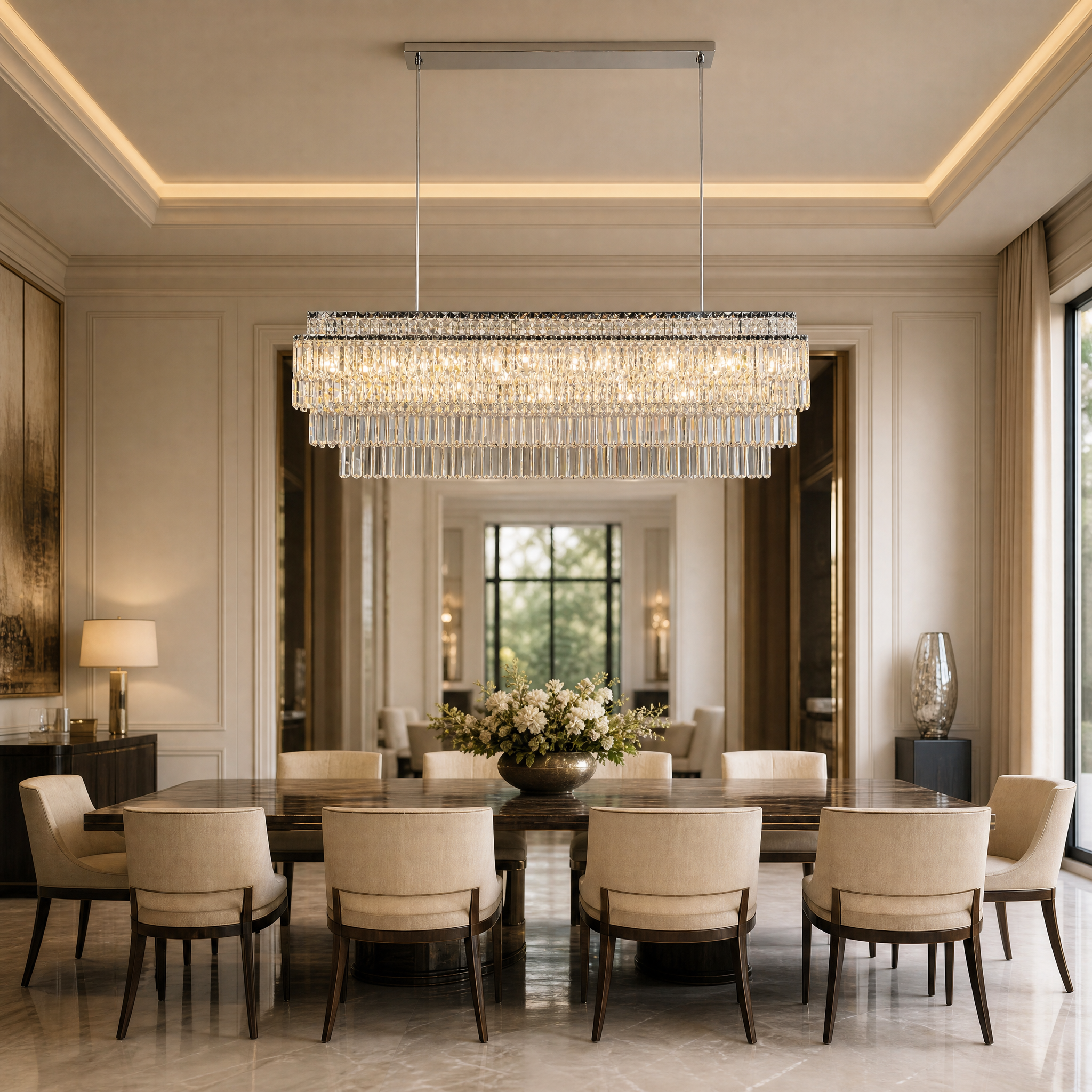 The VORELLI Abruzzi Rectangular Crystal Chandelier illuminating an upscale residential dining space with sophisticated warmth and brilliant clarity.