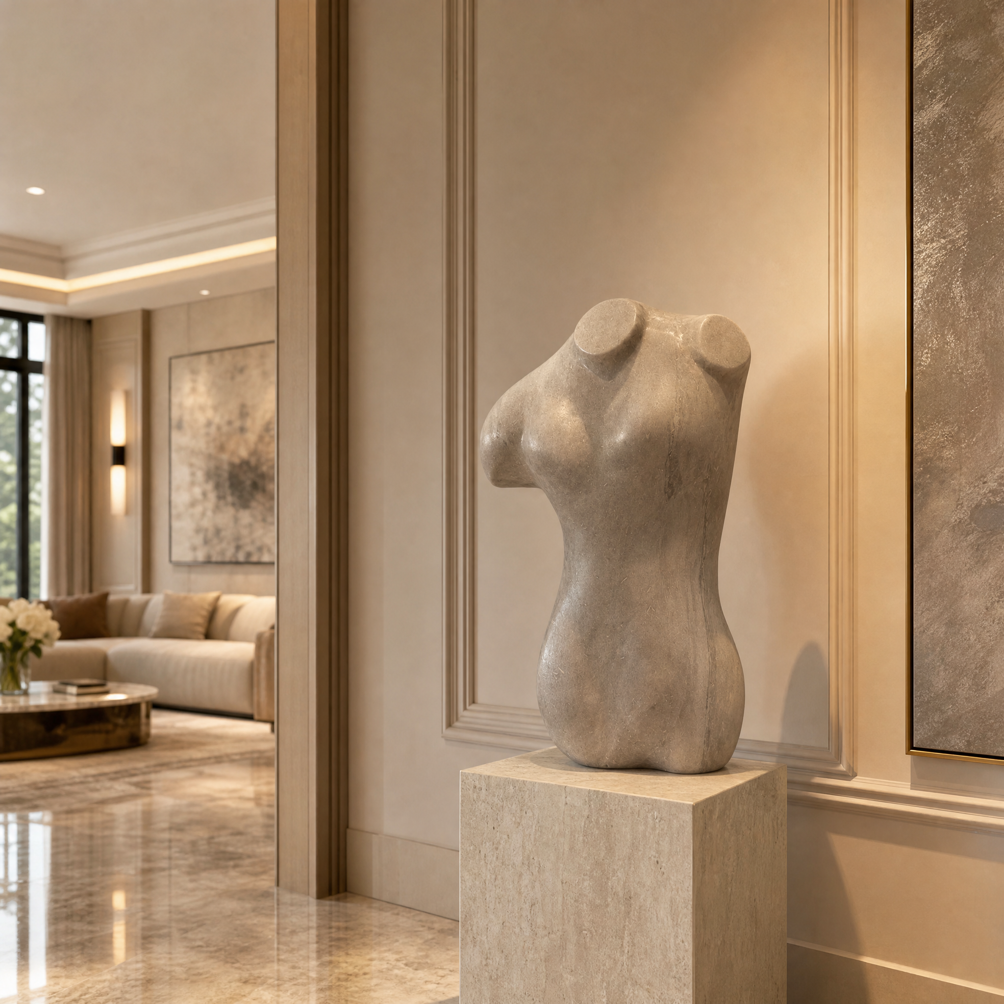 VORELLI Adriana Torso Decor, an abstract sculptural torso with smooth contours, styled on a luxury living room console table in a residential interior.