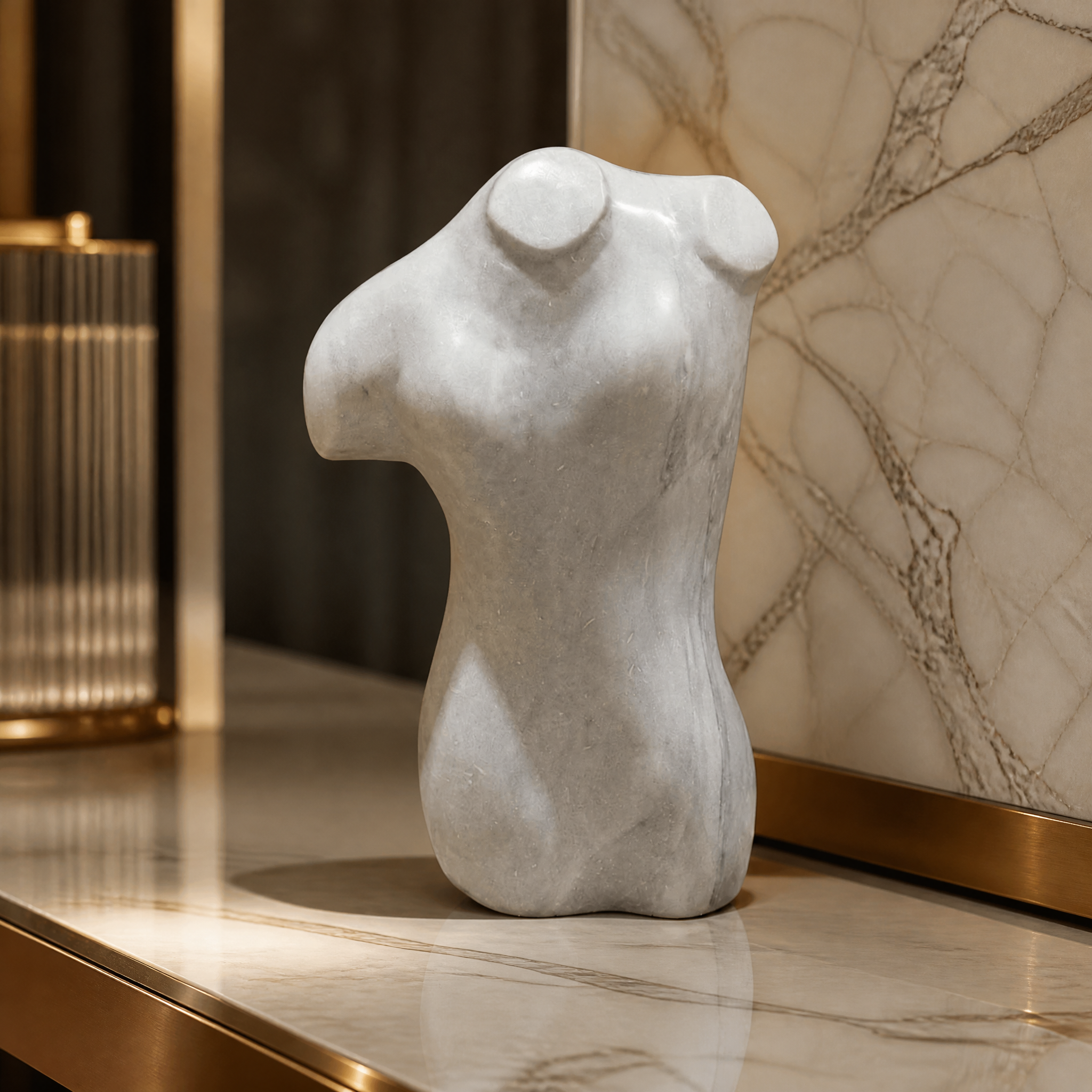 Close-up detail of the VORELLI Adriana Torso Decor, showcasing its softly rounded contours, smooth polished finish, and natural material variations.