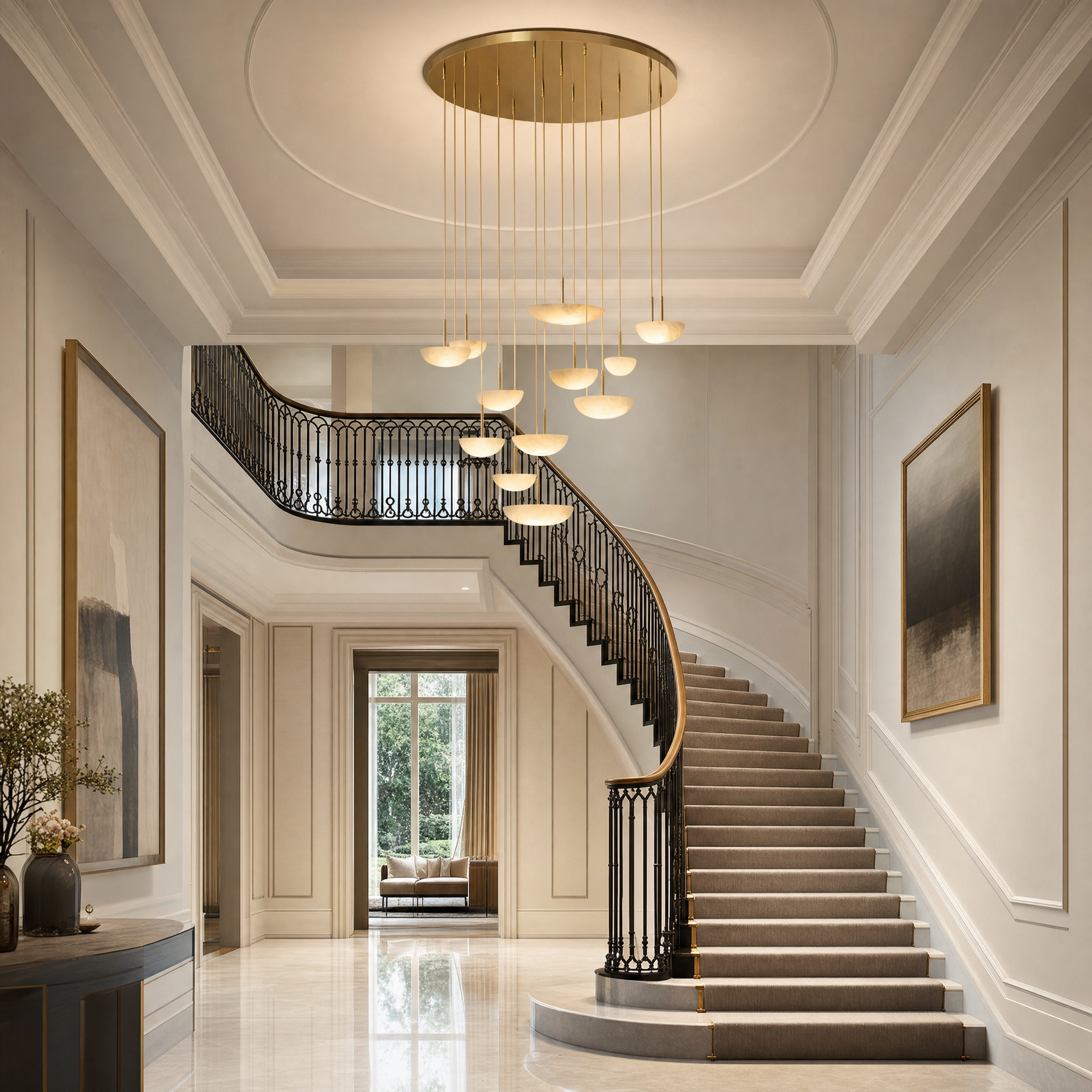 The Alba Marble Pendant Staircase Chandelier by VORELLI cascading through a grand residential spiral staircase, casting a warm glow on the luxury home interior.