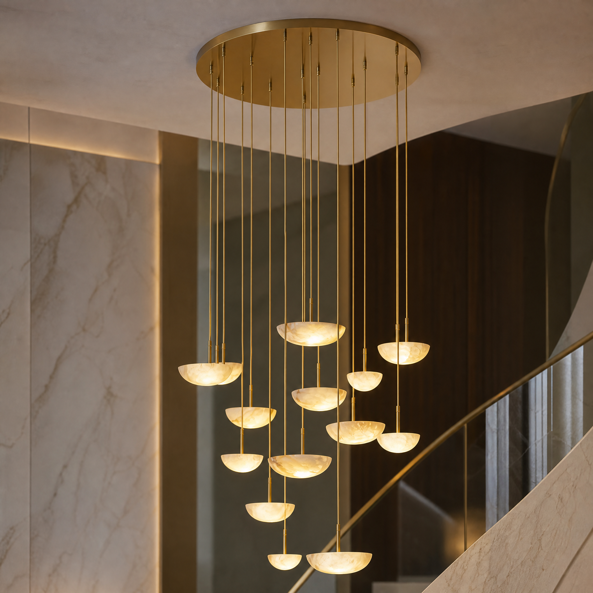 A detailed closeup of the VORELLI Alba Chandelier, highlighting the natural veins and exquisite craftsmanship of the hand-carved marble pendant forms glowing with subtle warmth.