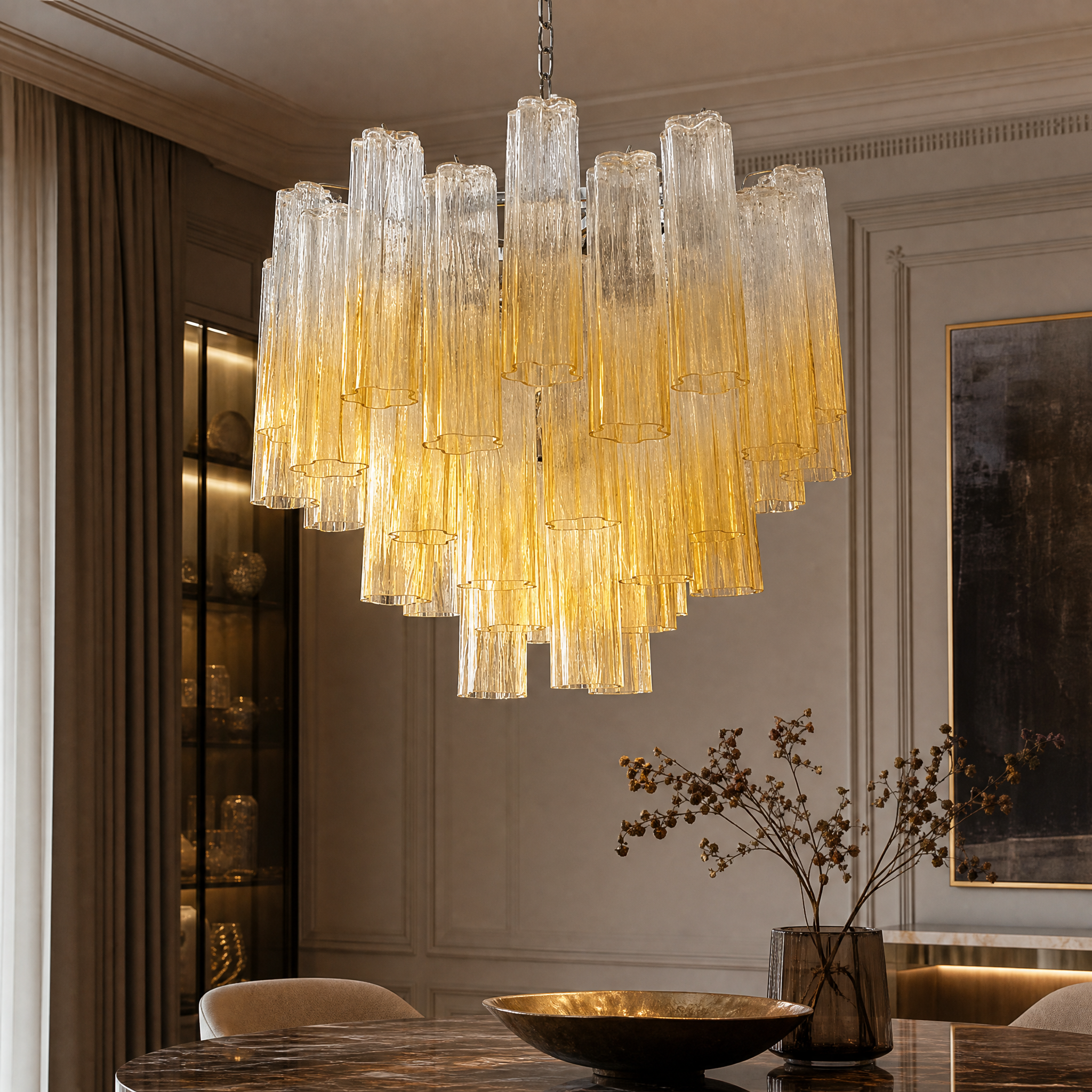 Aldara Tronchi Murano Glass Circular Chandelier full product close-up lifestyle image by VORELLI