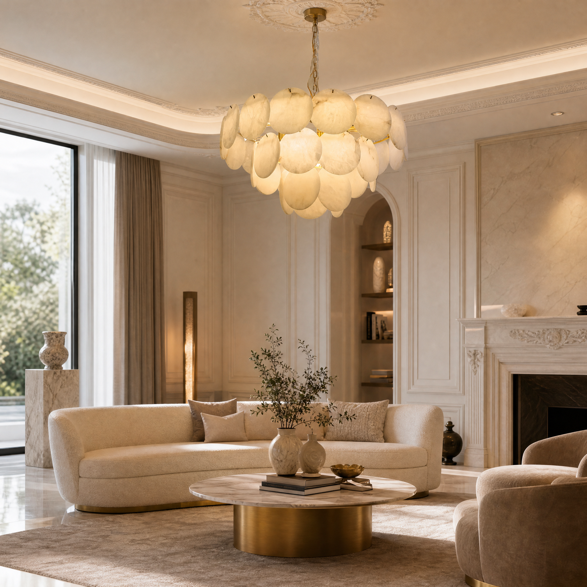 The VORELLI Alfonso marble circular chandelier casting a warm ambient glow over a high-end residential living space with modern luxury decor.