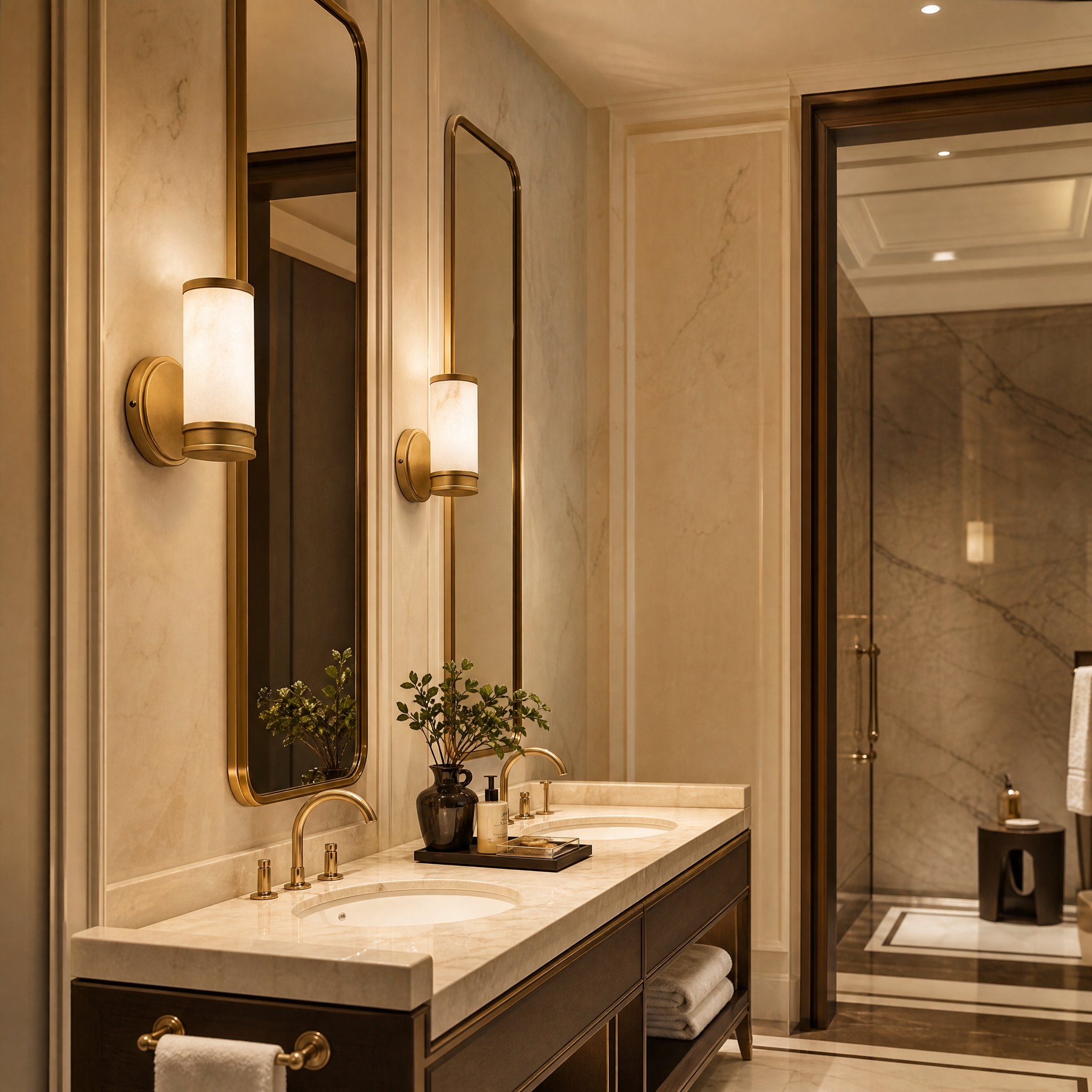 An elegant hospitality hallway corridor lined with Almora alabaster and antique brass sculptural wall sconces for upscale hotel lighting.