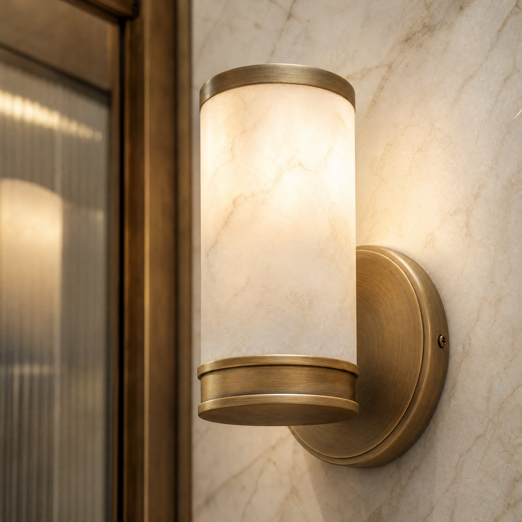 Macro closeup of the VORELLI Almora wall light showing the natural veining of the solid alabaster stone cylinder and the refined antique brass finish.