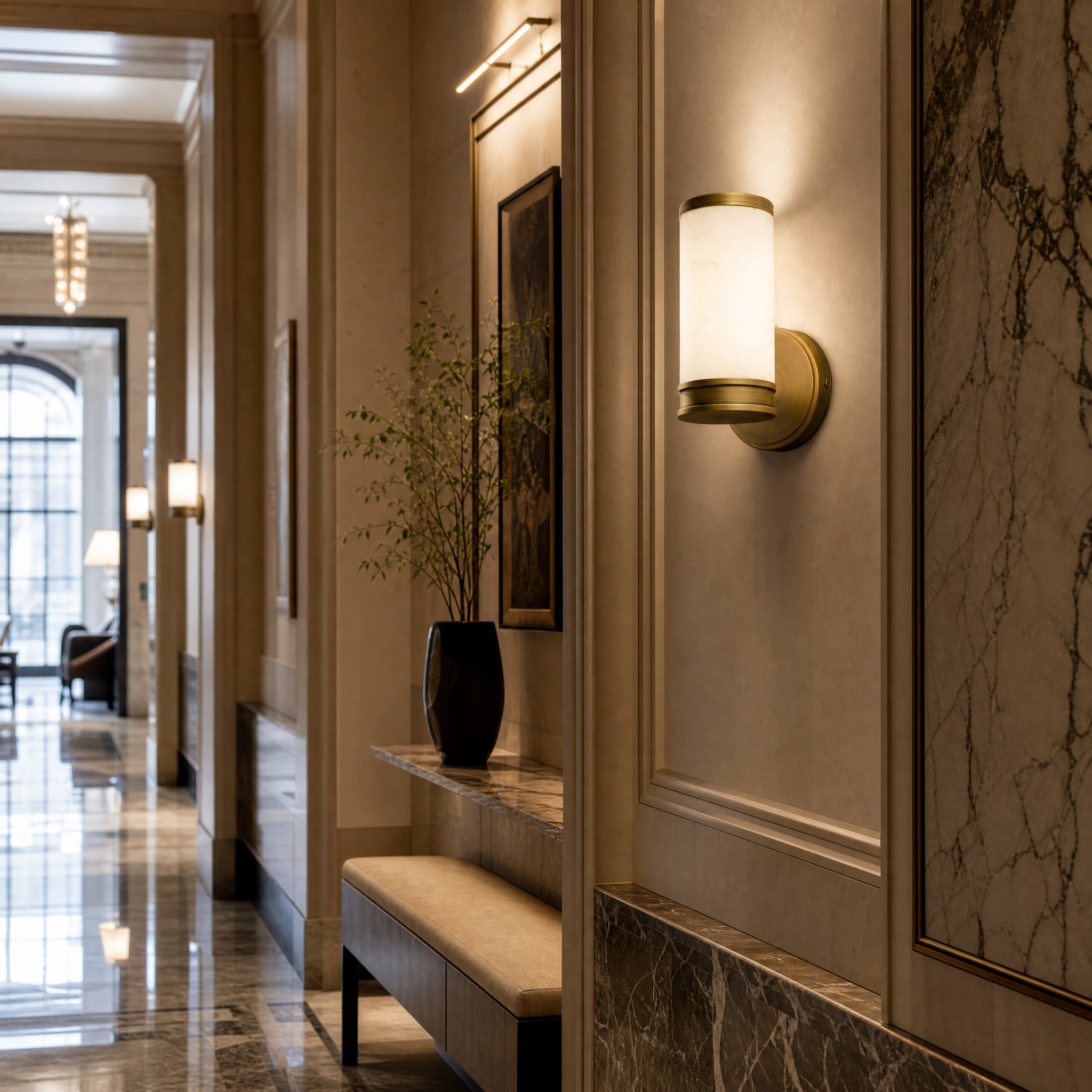 An array of Almora solid alabaster cylinder wall lights with warm antique brass frames installed in a boutique hotel lobby for sophisticated architectural lighting.