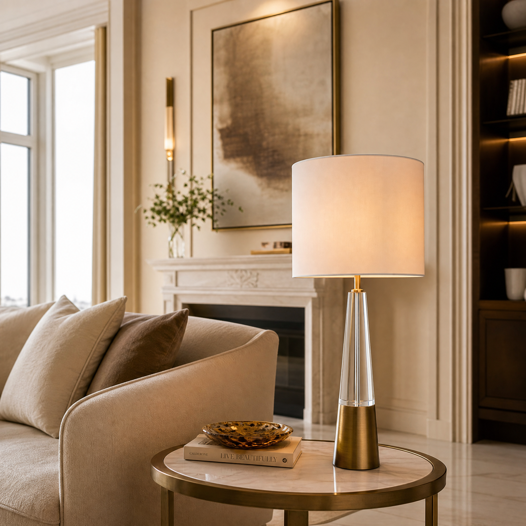 The Alvero Crystal Brass Table Lamp by VORELLI casting a warm ambient glow on a modern nightstand in a luxury residential bedroom setting.