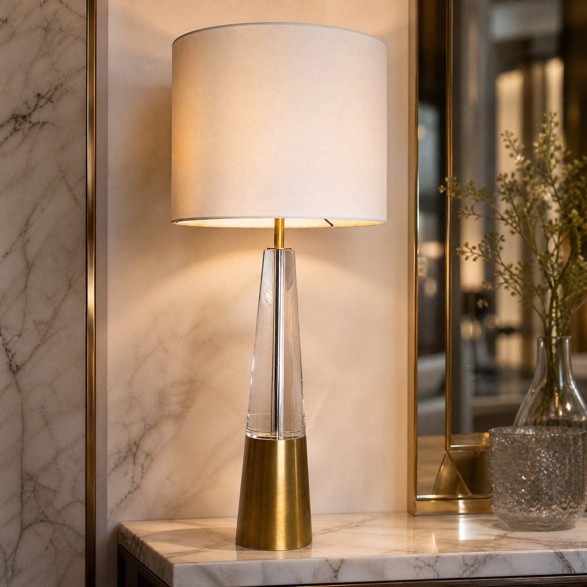 A detailed closeup of the Alvero Table Lamp showcasing the flawless clarity of the sculpted crystal and the rich texture of its antique brass base under a soft fabric shade.