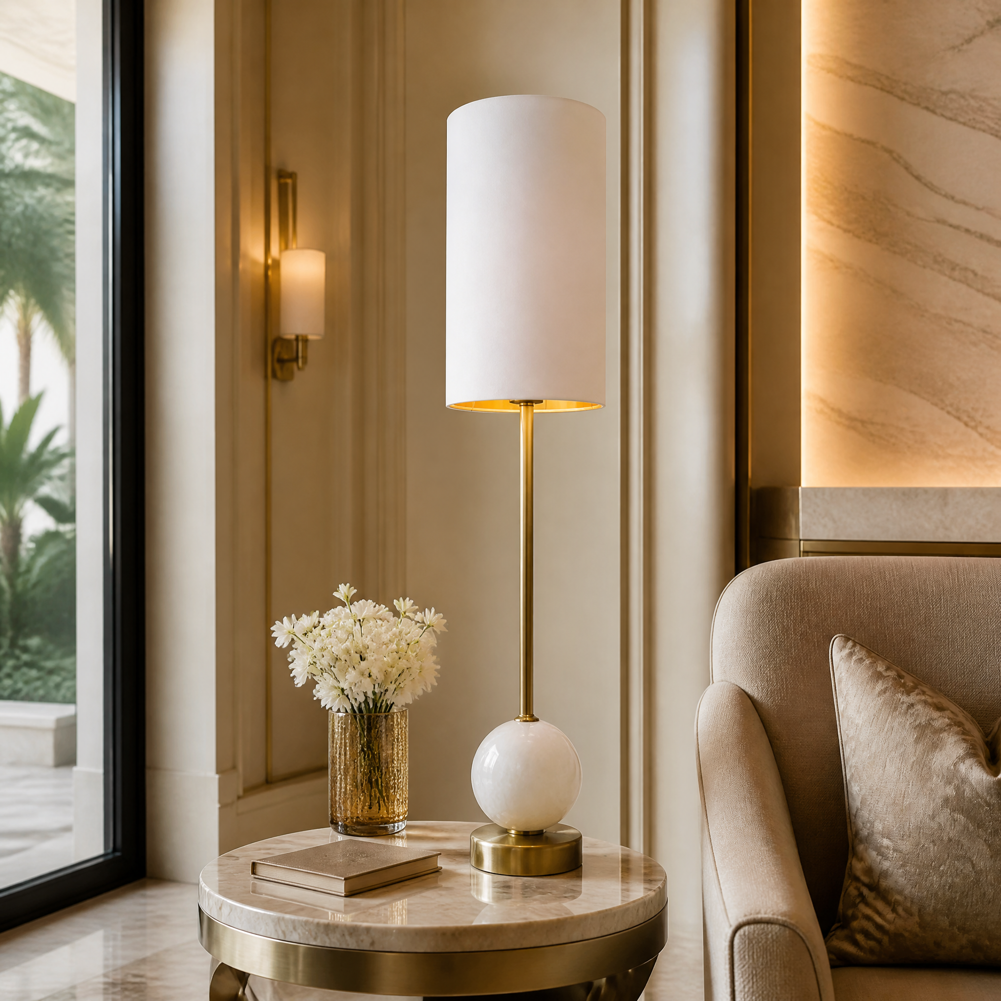 The sculptural silhouette of the Alveron Alabaster Table Lamp by VORELLI casting a warm ambient glow in a high-end hotel lobby or hospitality interior.