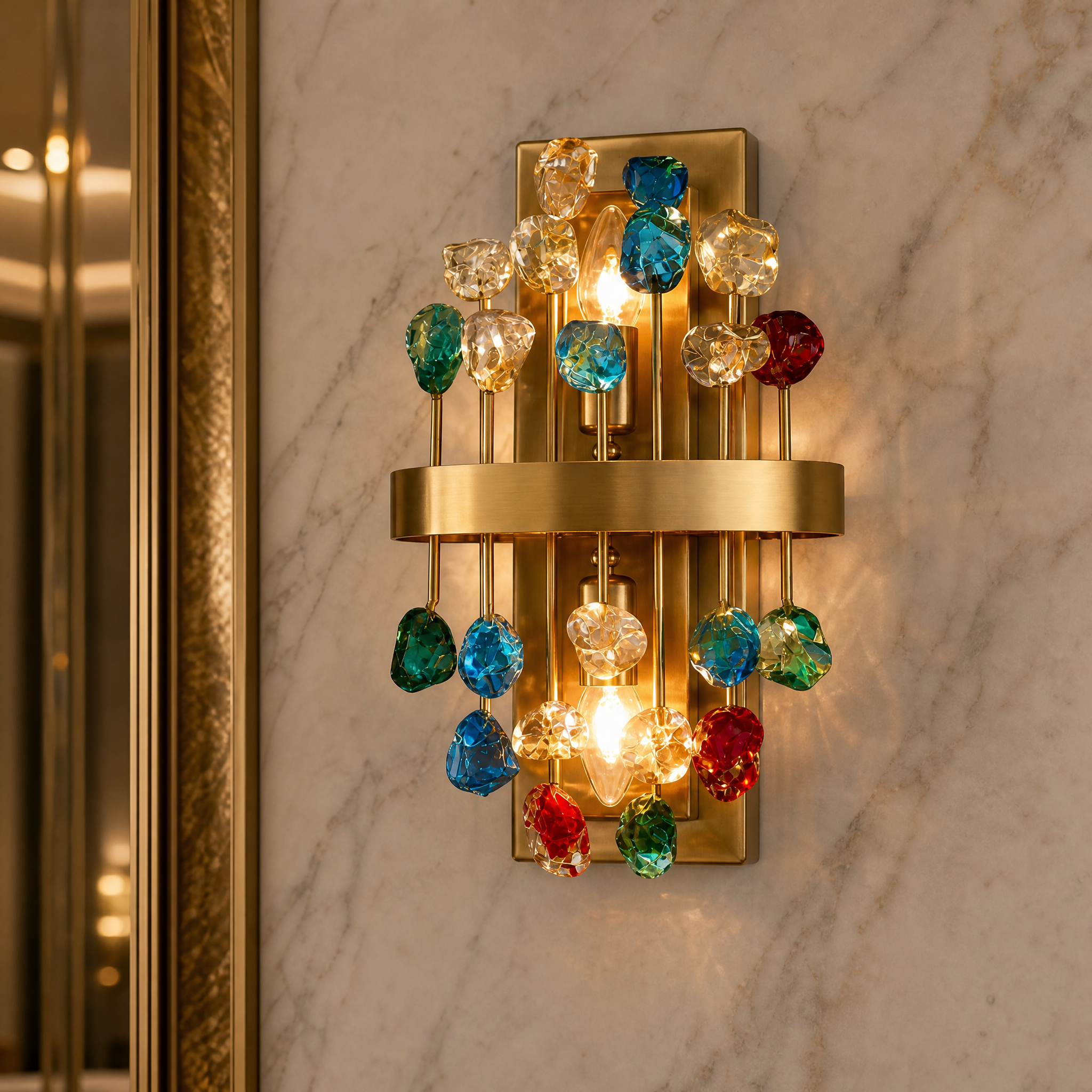 A detailed close-up shot of the Alytus Wall Light, showcasing its unique craftsmanship, premium materials, and playful yet sophisticated design details.