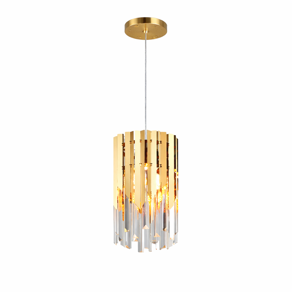 Ambiance shot of the VORELLI Manhattan Pendant casting a warm, sophisticated glow through its premium crystal bars and modern geometric frame.