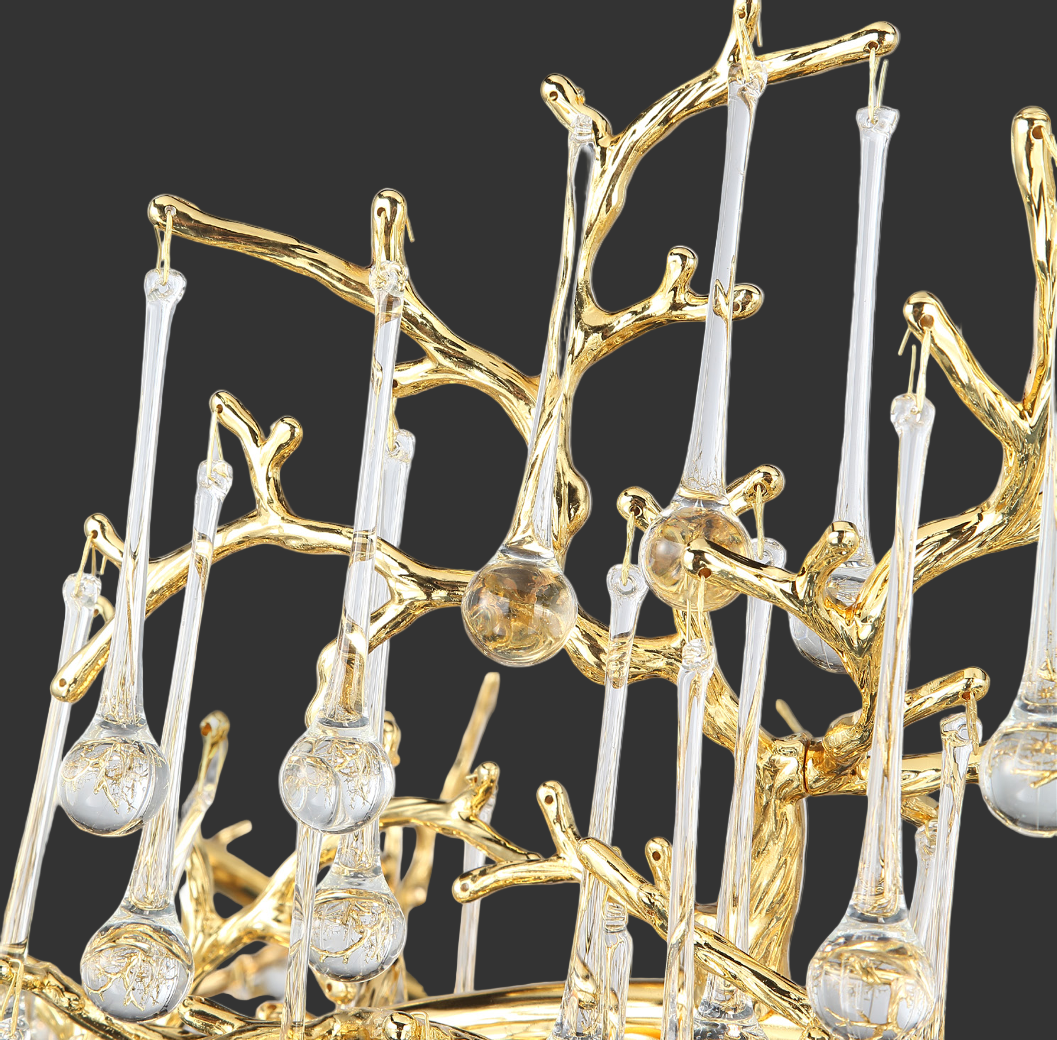 An ambient view of the L’Albero d’Oro Rectangular Chandelier V, showcasing its cascading glass droplets and artistic composition in a high-end interior setting.