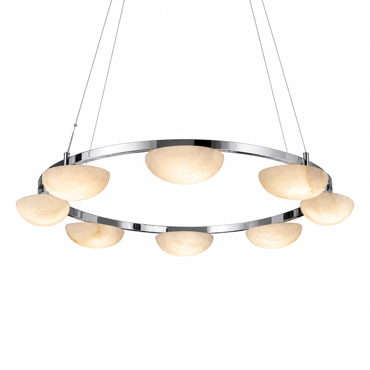 An architectural view of the VORELLI Alba marble circular chandelier bringing a sense of purity and understated luxury to a high-end interior project.
