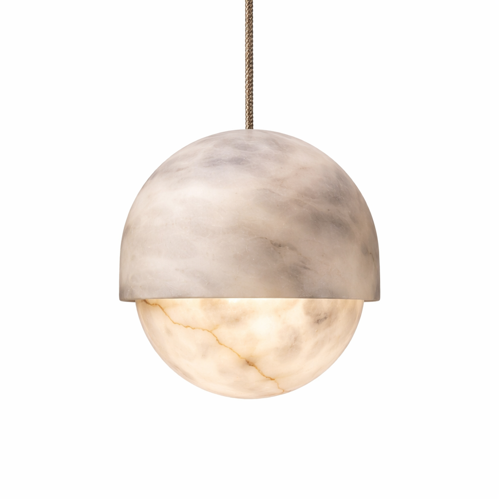 An atmospheric, mood-lit view of the VORELLI Pluto Marble Pendant Light, emphasizing its sculptural moon-like form and the dramatic interplay of light and shadow on natural marble texture.