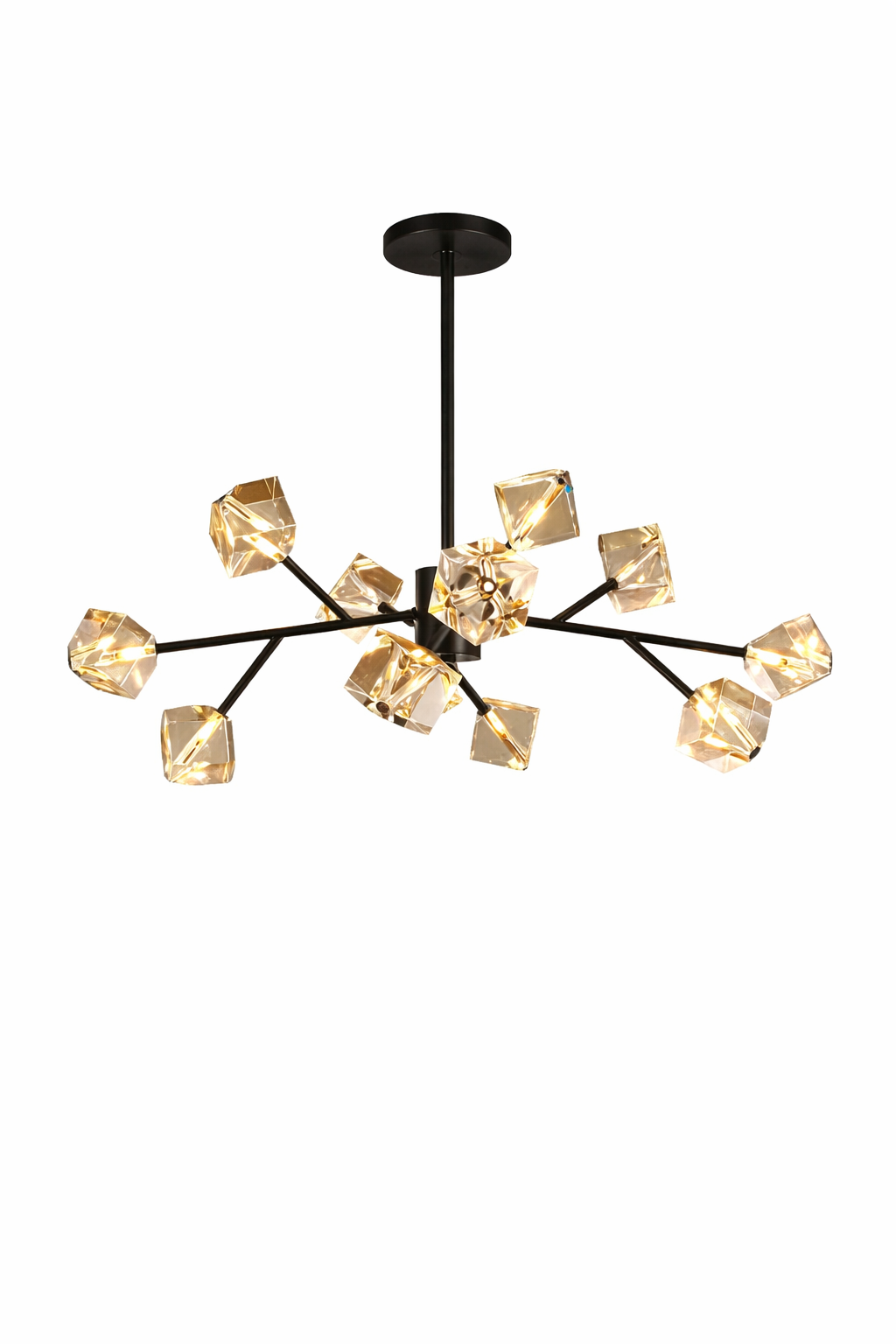 An atmospheric mood shot of the VORELLI Crenshaw pendant light casting dramatic geometric shadows across a refined interior space.