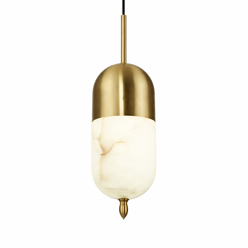 An atmospheric shot emphasizing the rich, natural veining of the solid marble body on the Castano pendant light under ambient interior illumination.