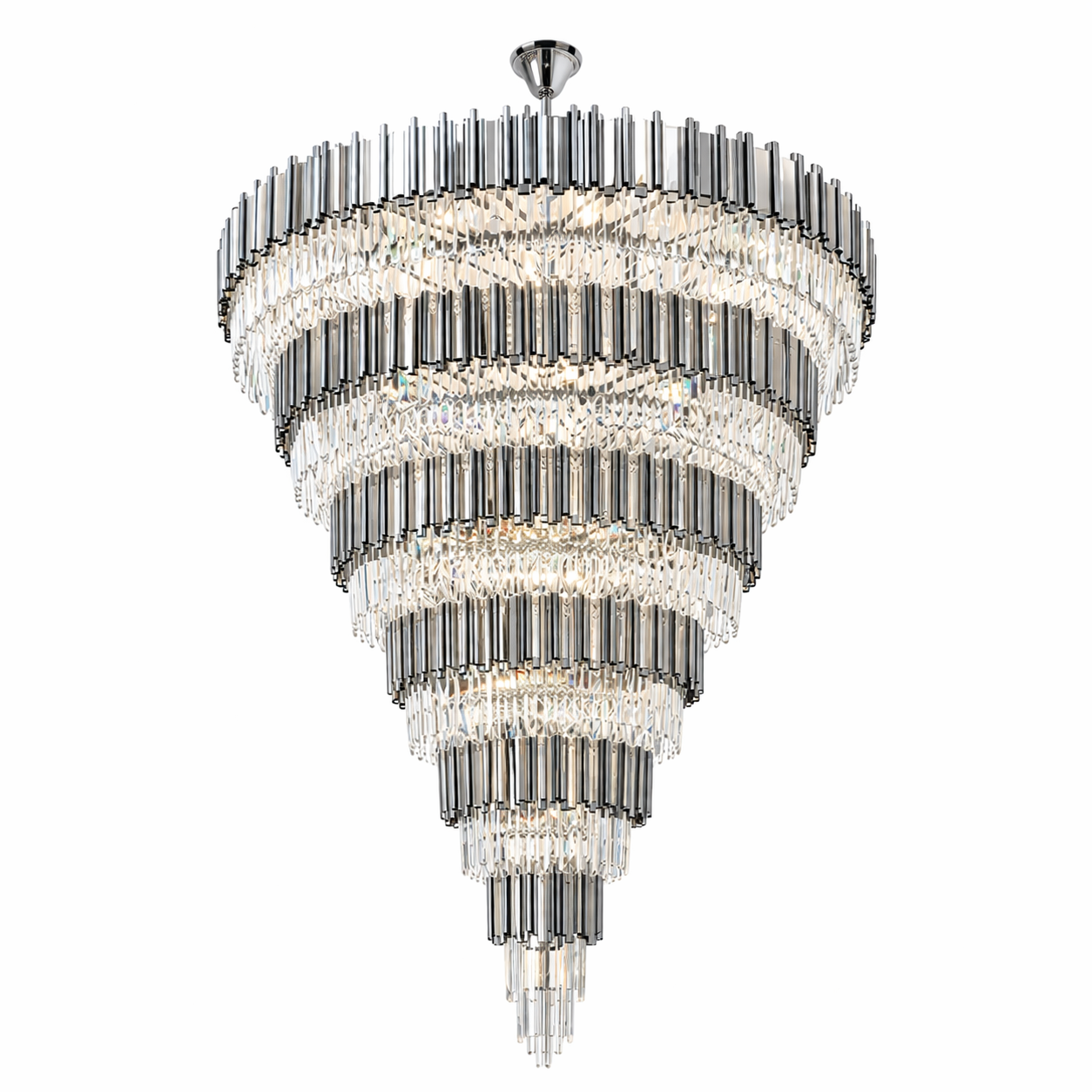An atmospheric shot of the Boeotia Grandeur Chandelier, highlighting the dramatic interplay of light and shadow across its geometric crystal prisms to create a sophisticated mood.
