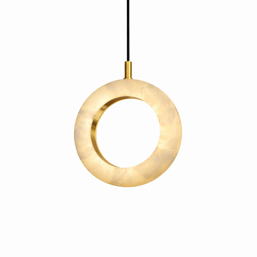 An atmospheric view of the Pietra Marble Pendant Light by VORELLI, showcasing the harmonious cascade of translucent marble rings creating an elegant, luxurious mood.