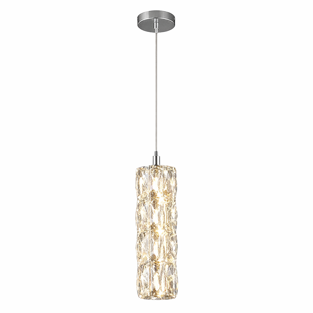 An atmospheric view of the VORELLI Gaia pendant lamp, highlighting the sophisticated mood created by light refracting through geometric crystals.