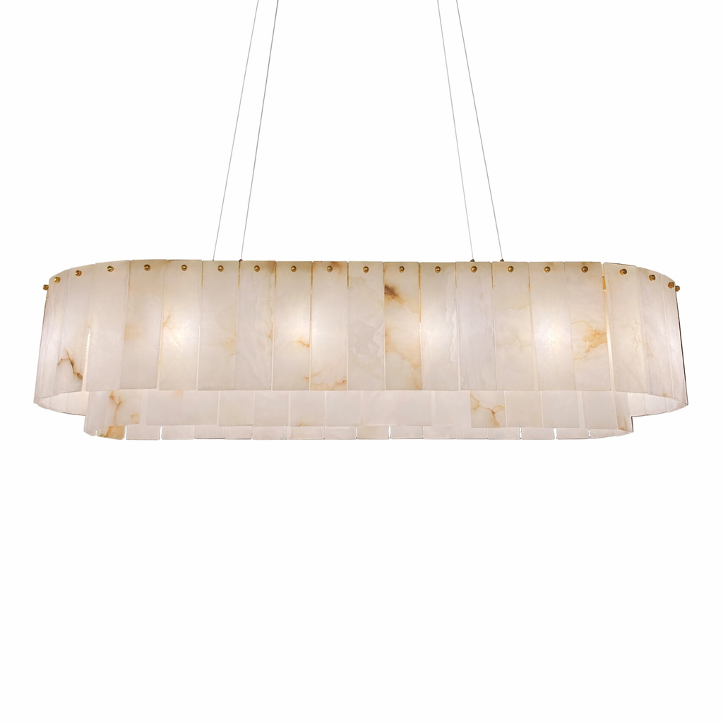 An atmospheric view of the VORELLI Munro rectangular chandelier, emphasizing the rich textures of its marble panels and upscale mood.