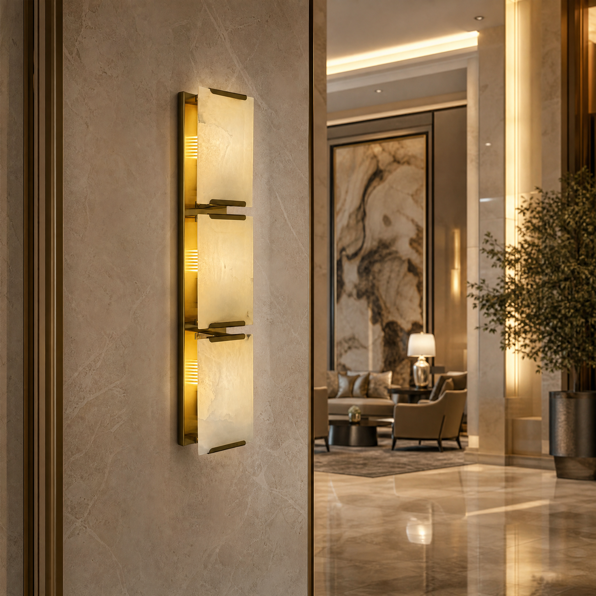 Elegant hospitality interior featuring the VORELLI Angel Marble Wall Light II in a boutique hotel lobby, casting a refined glow against an upscale backdrop.