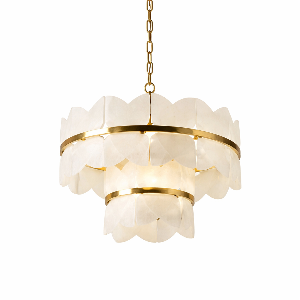 Angled perspective of the VORELLI Xavier marble circular chandelier highlighting its elegant textures and contemporary glow.