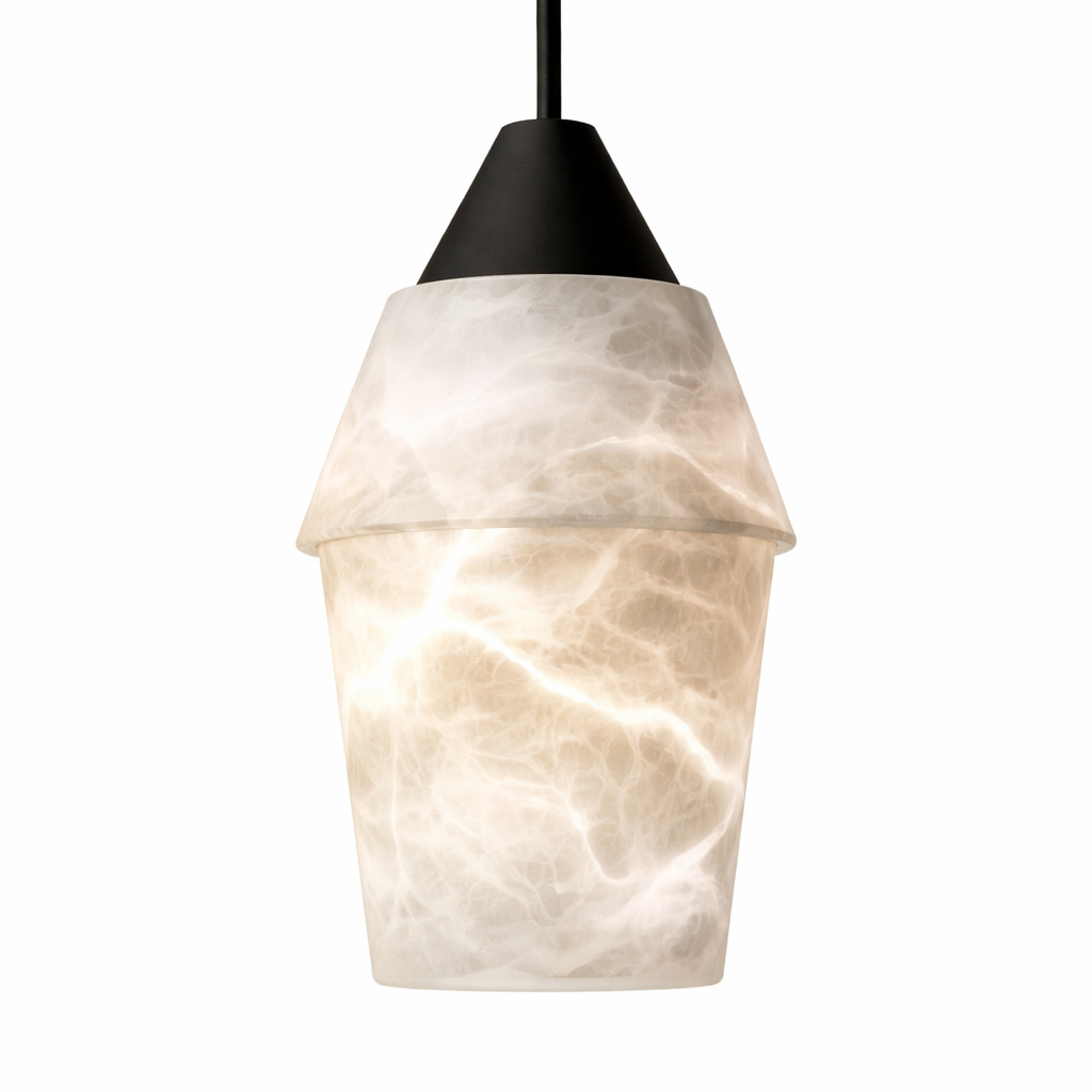 Angled view of the Kalia Marble Pendant Light II emphasizing its smooth stone finish and elegant tapered shape.