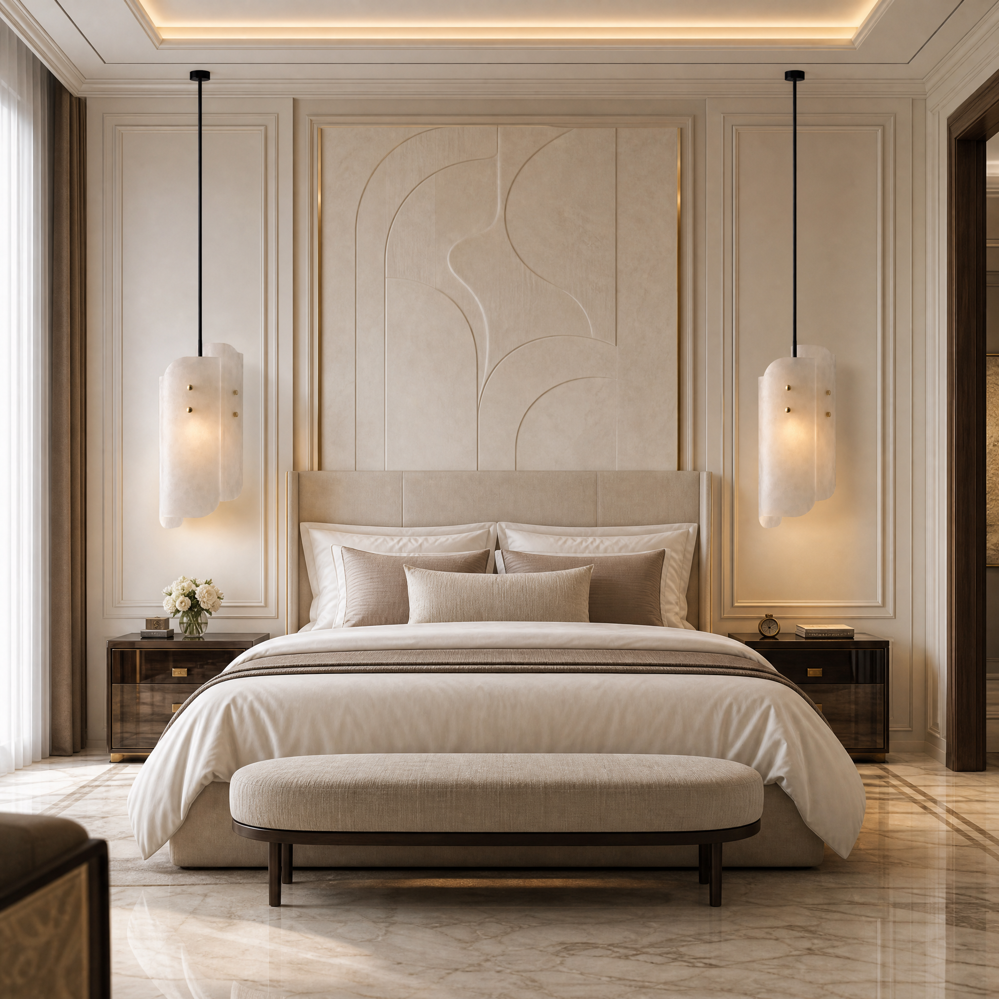 VORELLI Antonio marble pendant light hanging elegantly in a high-end residential dining space, illuminating a contemporary table setting.