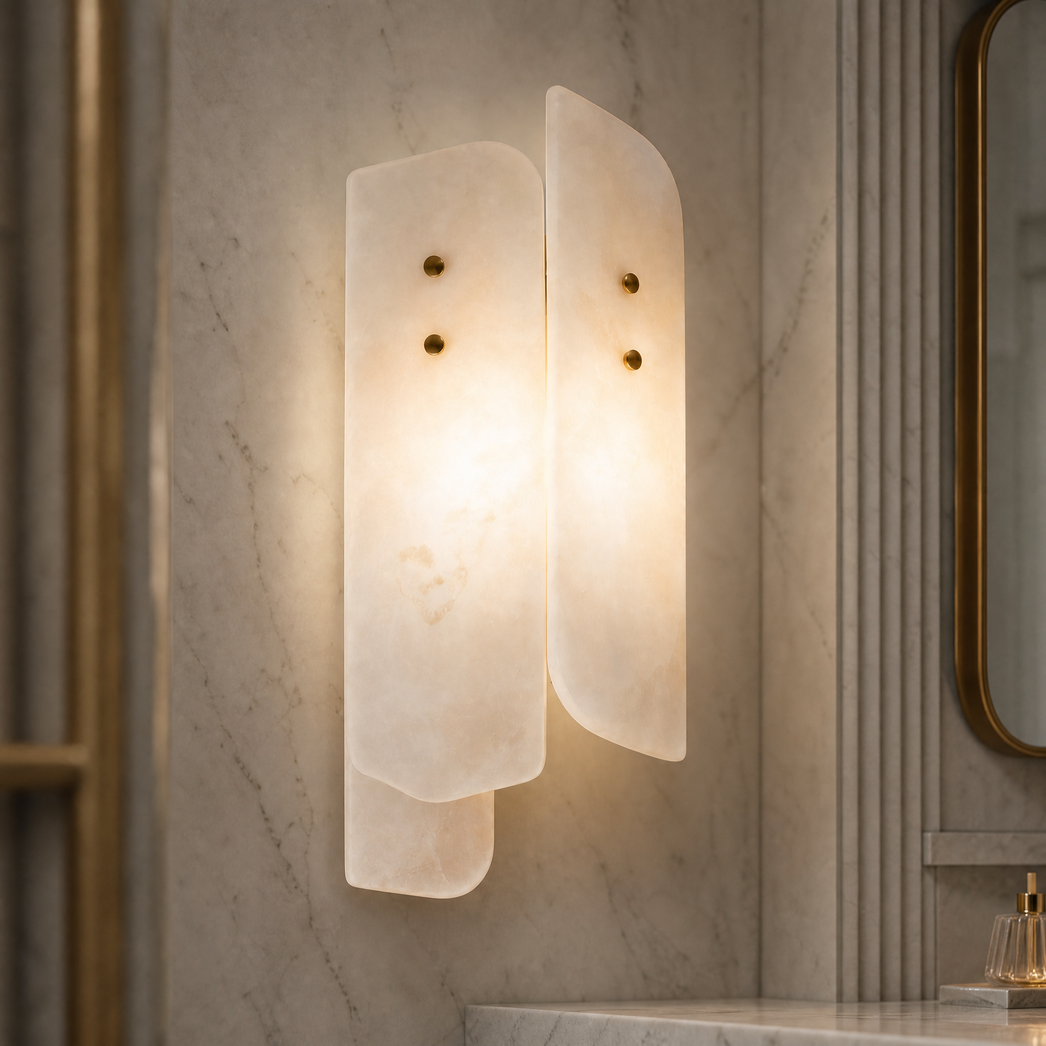 A detailed macro closeup of the Antonio Marble Wall Light, highlighting the unique natural veining patterns and premium craftsmanship of the marble.