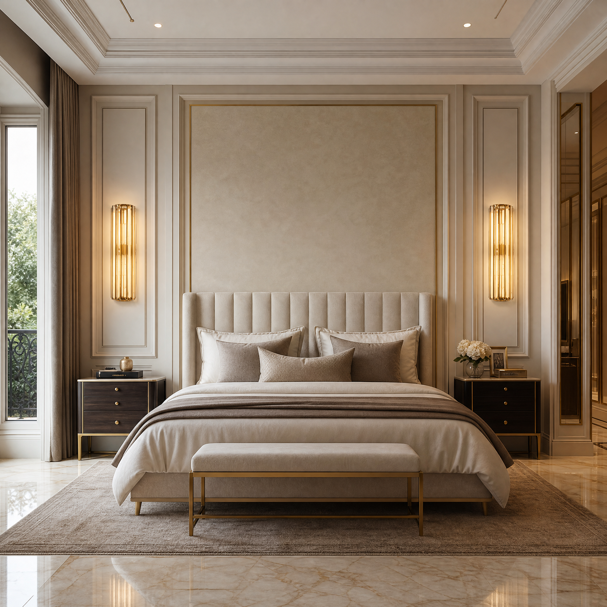 Apollo IP65 wall light featuring crystal bars mounted in a luxury modern bathroom