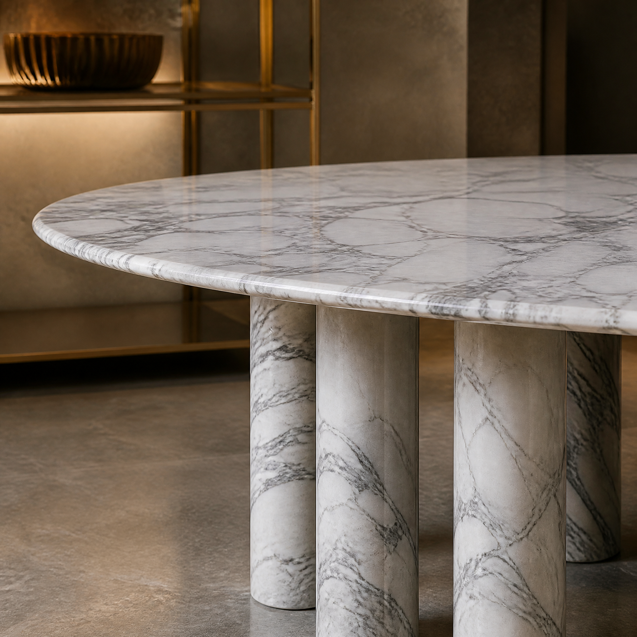 Macro shot of the natural gray and white veining patterns on the Italian Arabescato marble surface.